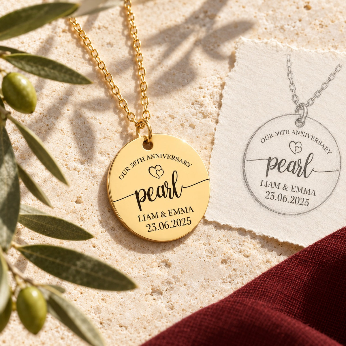Collier anniversaire de mariage 30 ans doré sur pierre claire, accompagné du dessin de sa médaille ronde.