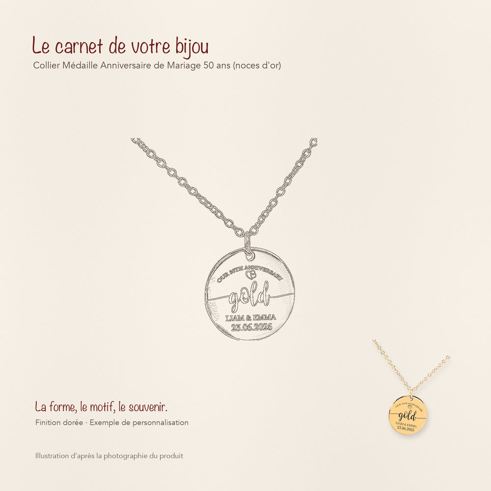Dessin au trait et photographie du collier Médaille Anniversaire de Mariage 50 ans (noces d'or) dans une composition de carnet manuscrit.