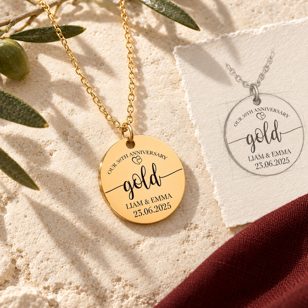 Collier Médaille Anniversaire de Mariage 50 ans doré sur pierre claire avec dessin de sa médaille ronde.