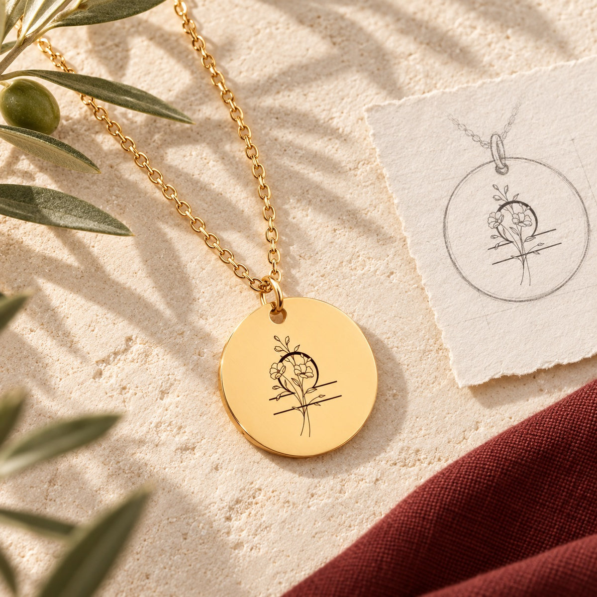 Collier médaille florale signe astrologique Balance doré sur pierre claire avec dessin de sa médaille ronde.