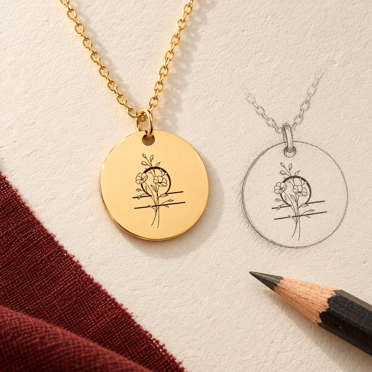 Collier médaille florale signe astrologique Balance doré et étude au graphite du bijou sur papier ivoire.