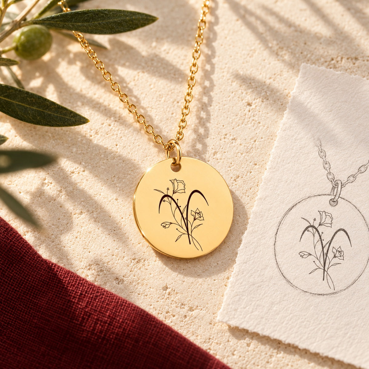 Collier médaille florale signe astrologique Bélier doré sur pierre claire avec dessin de sa médaille ronde.