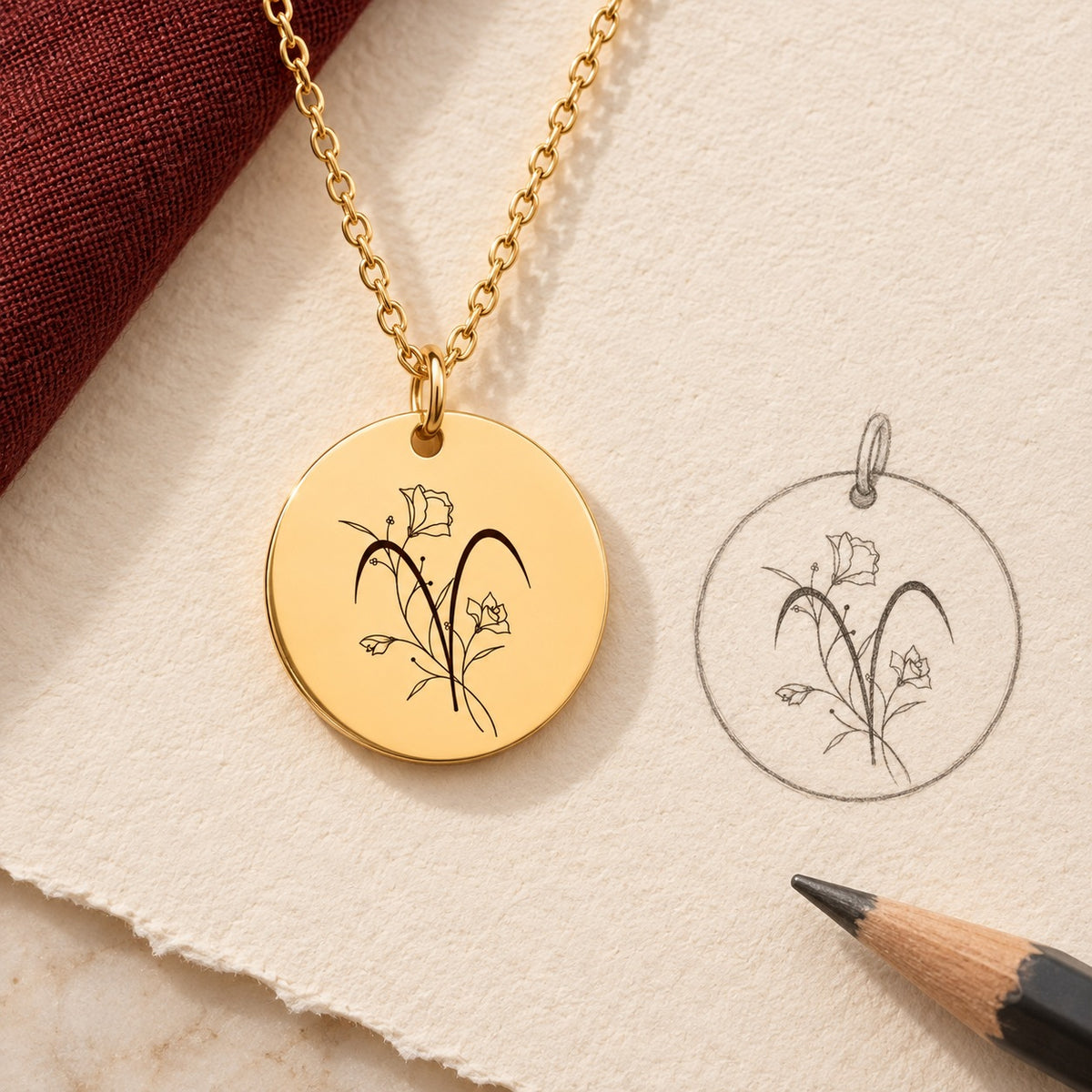 Collier médaille florale signe astrologique Bélier doré et étude au graphite du bijou sur papier ivoire.