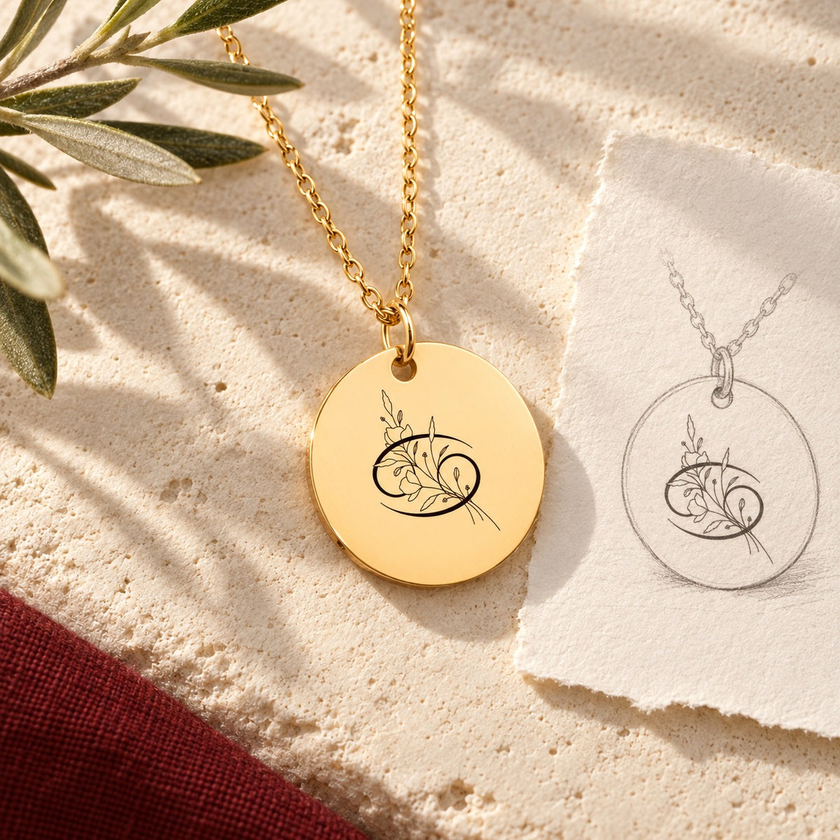 Collier Médaille Florale Signe Astrologique Cancer doré sur pierre claire avec dessin de sa médaille ronde.