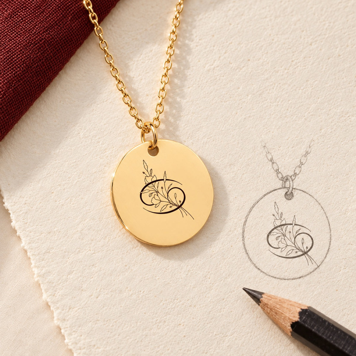 Collier Médaille Florale Signe Astrologique Cancer doré et étude au graphite du bijou sur papier ivoire.