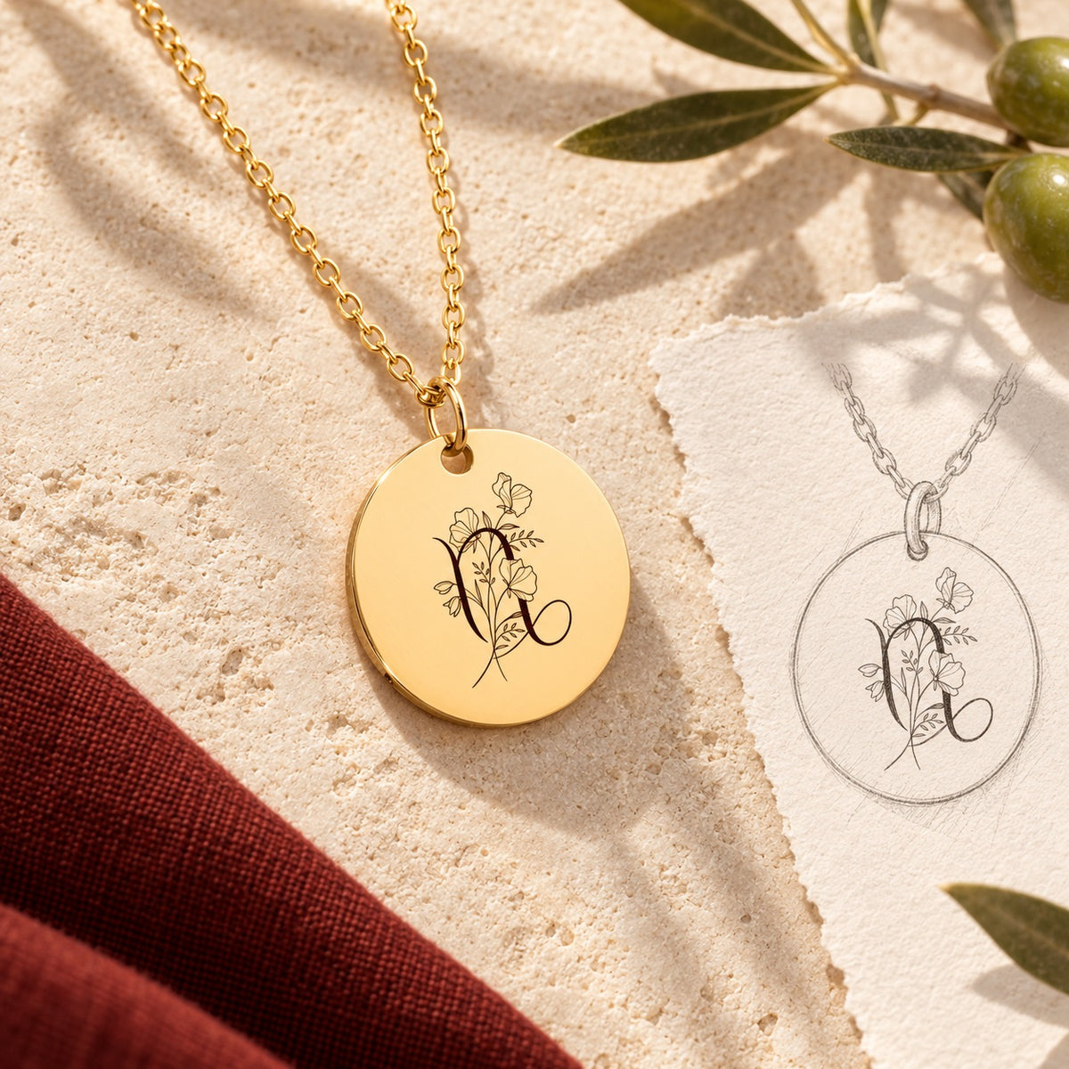 Collier médaille florale signe astrologique Capricorne doré sur pierre claire avec dessin de sa médaille ronde.