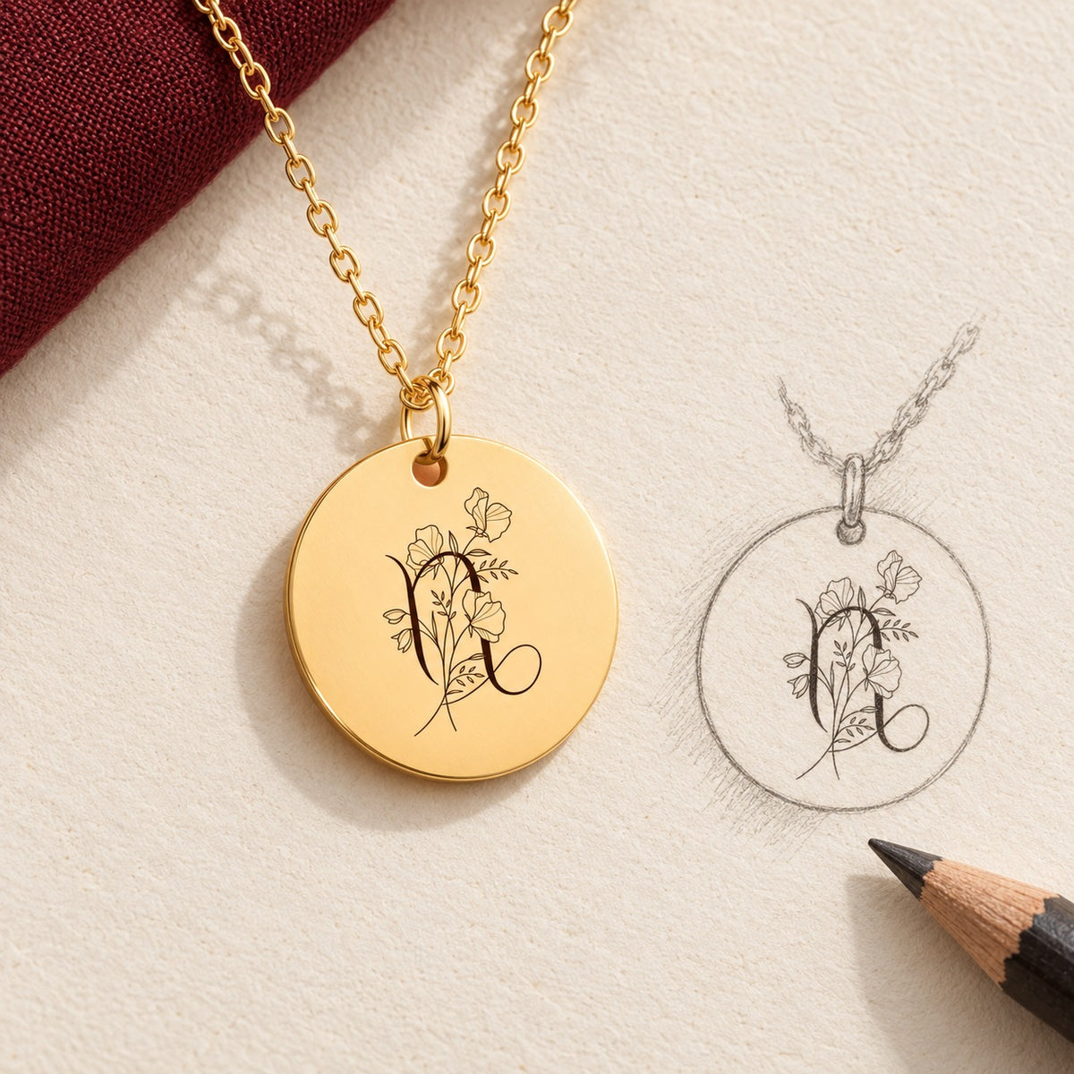 Collier médaille florale signe astrologique Capricorne doré et étude au graphite du bijou sur papier ivoire.