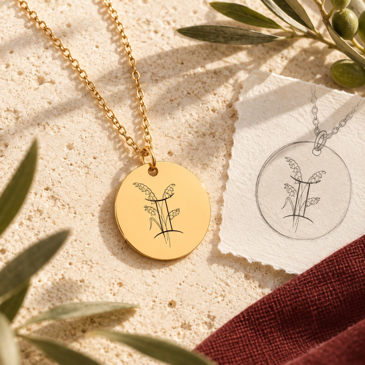Collier médaille florale signe astrologique Gémeaux doré sur pierre claire avec dessin de sa médaille ronde.