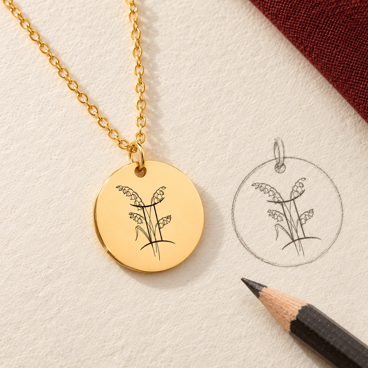 Collier médaille florale signe astrologique Gémeaux doré et étude au graphite du bijou sur papier ivoire.