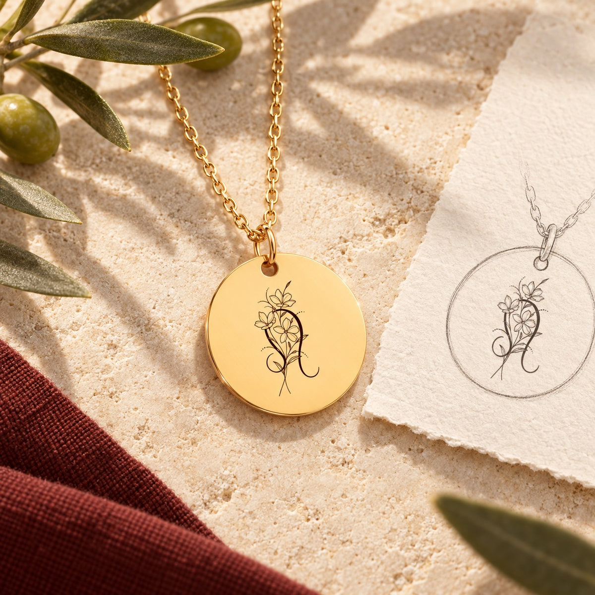 Collier médaille florale signe astrologique Lion doré sur pierre claire avec dessin de sa médaille ronde.