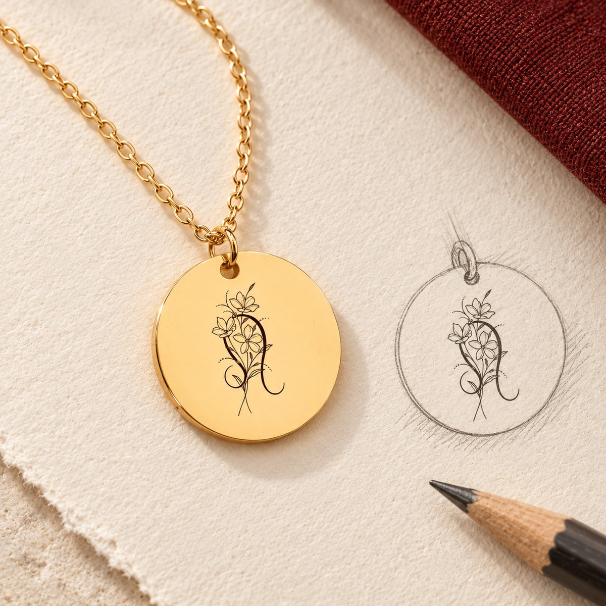Collier médaille florale signe astrologique Lion doré et étude au graphite du bijou sur papier ivoire.