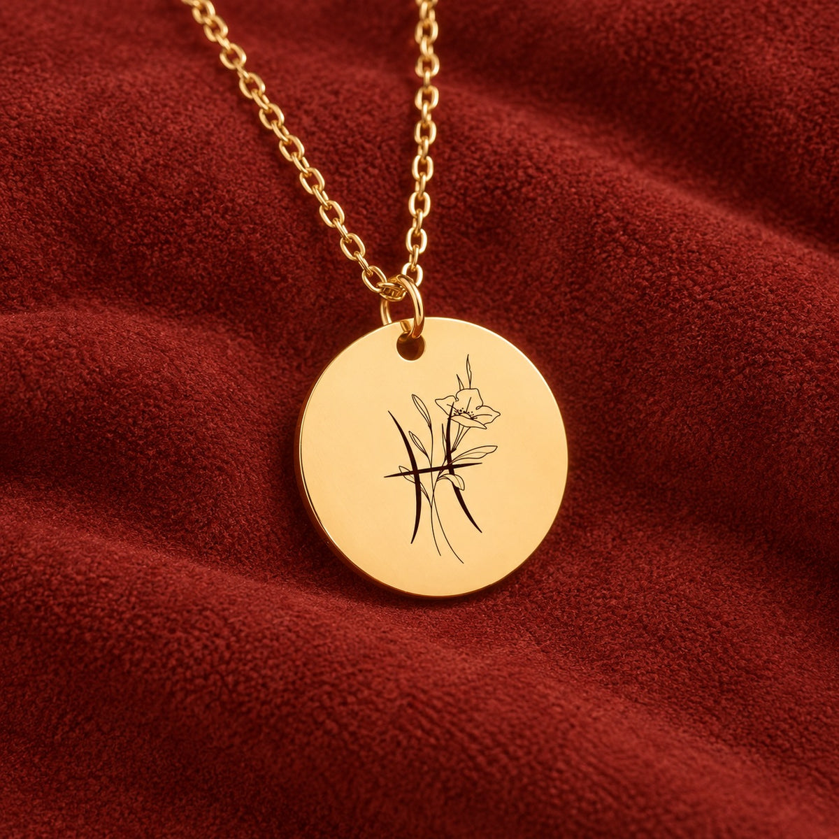 Médaille ronde dorée avec symbole du signe Poissons et fleurs, sur suédine rouge sanguine.