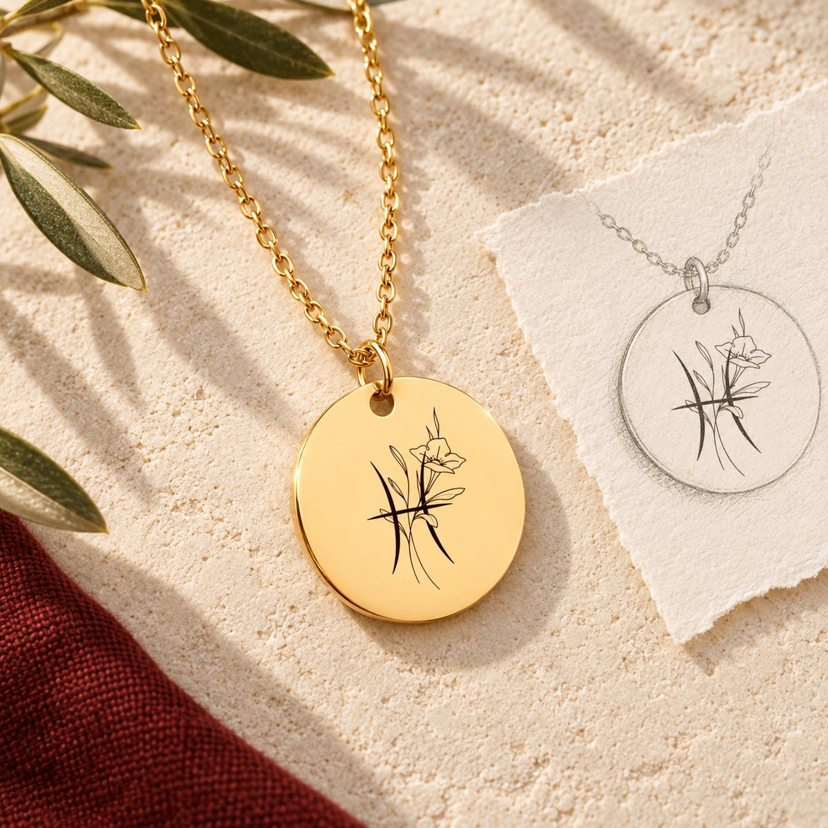 Collier médaille florale signe astrologique Poissons doré sur pierre claire avec dessin de sa médaille ronde.