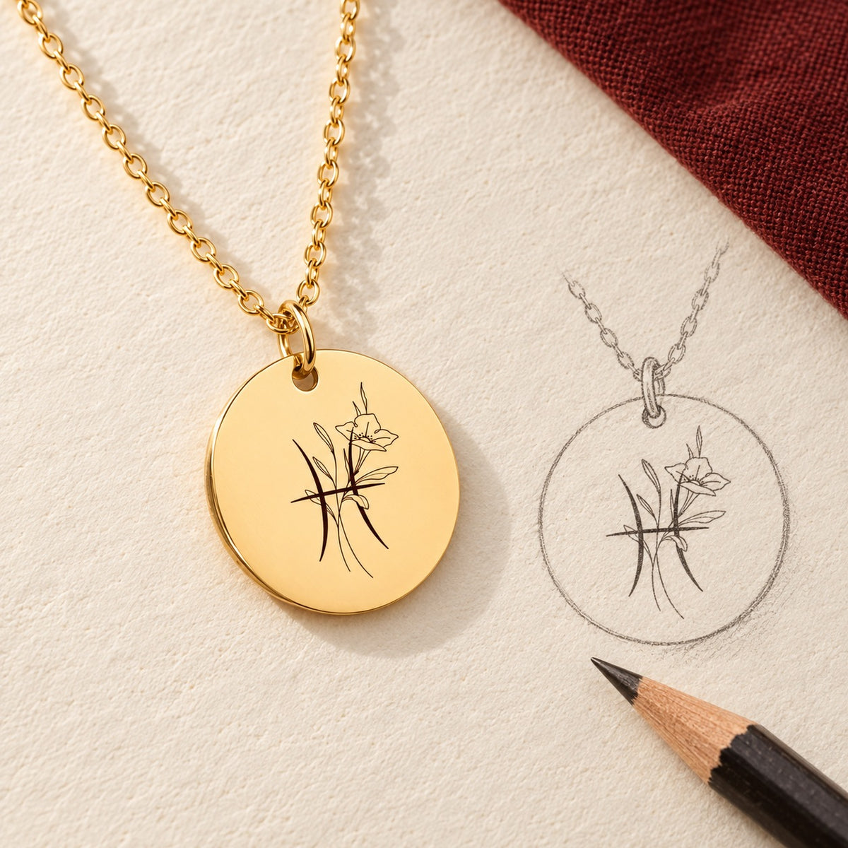 Collier médaille florale signe astrologique Poissons doré et étude au graphite du bijou sur papier ivoire.