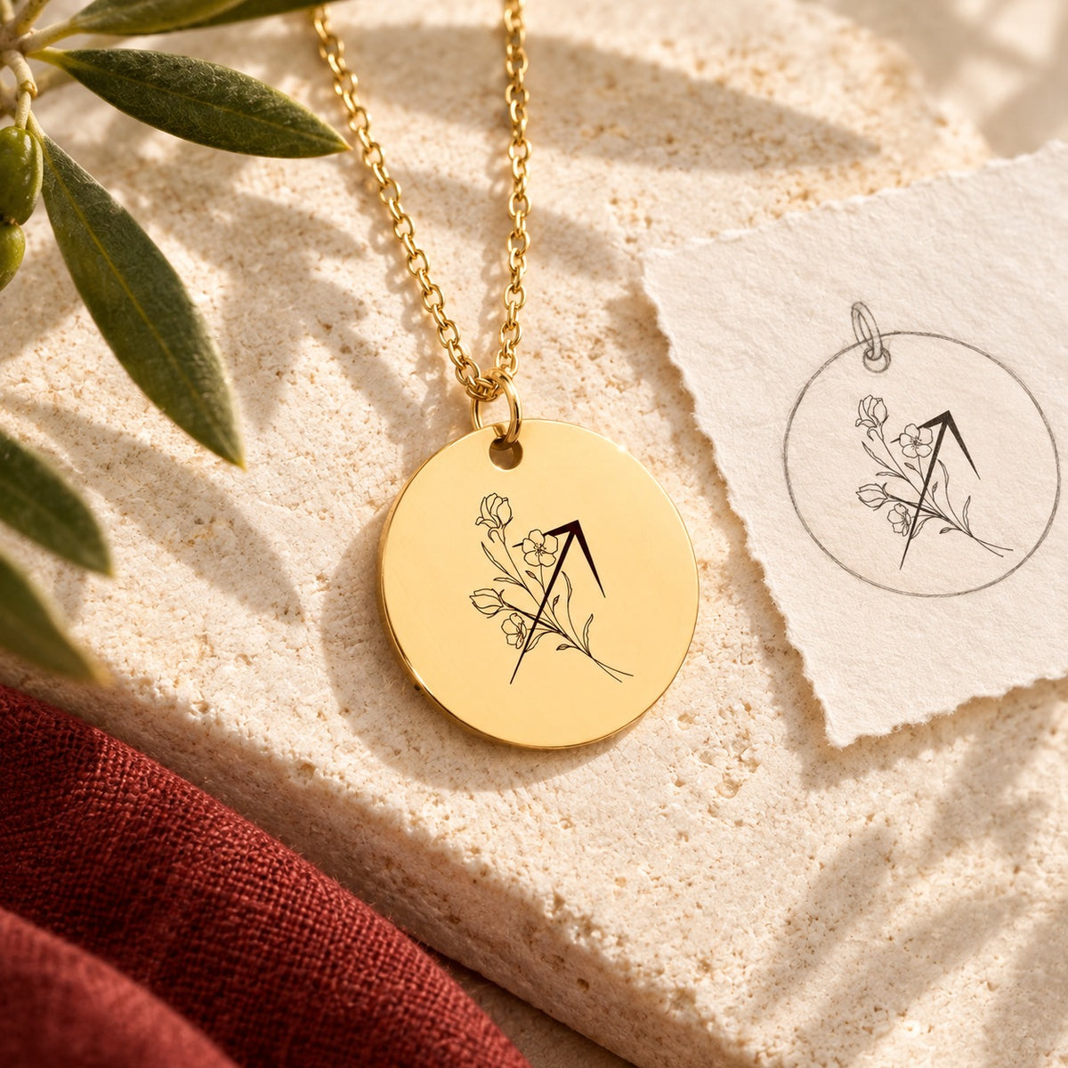 Collier médaille florale signe astrologique Sagittaire doré sur pierre claire avec dessin de sa médaille ronde.