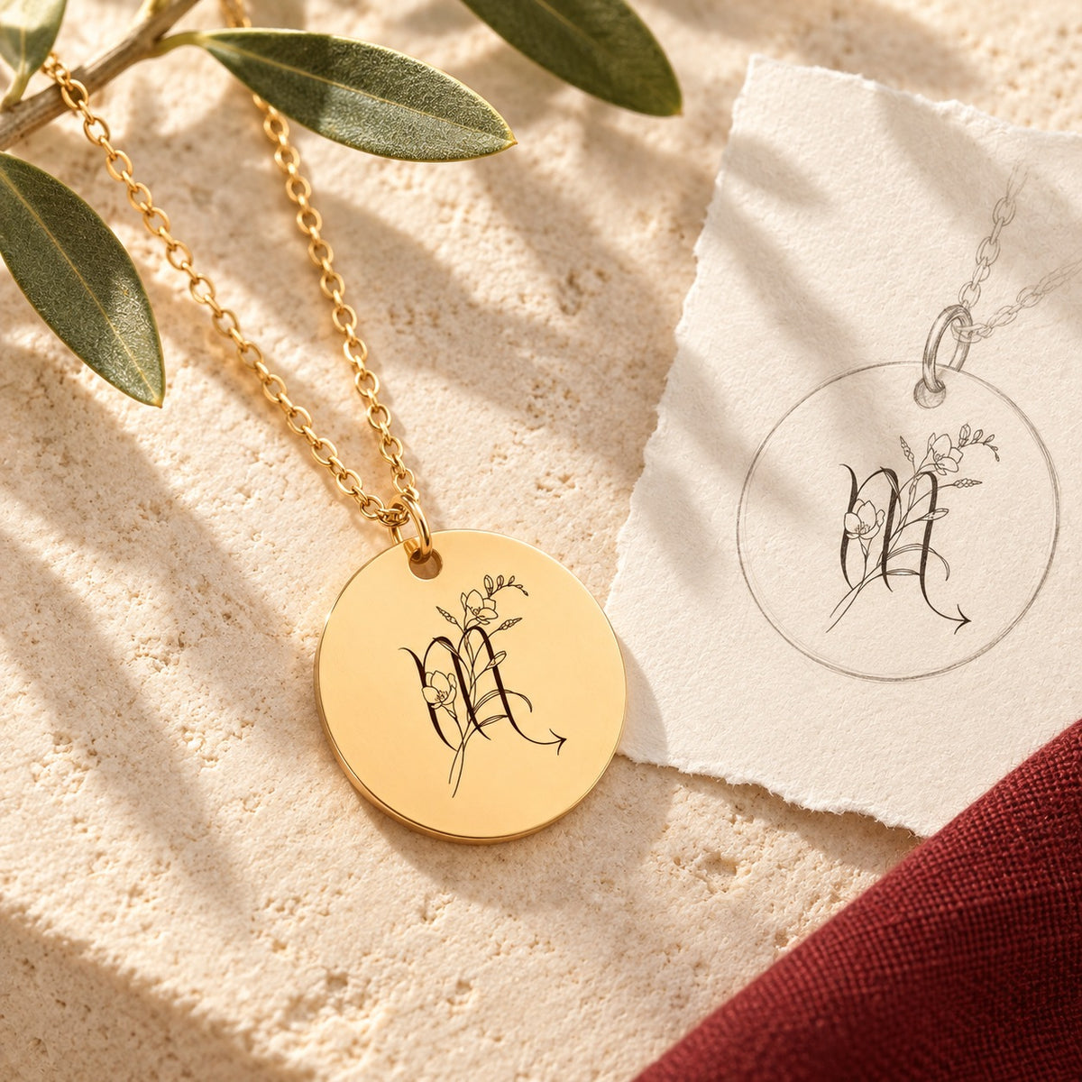 Collier médaille florale signe astrologique Scorpion doré sur pierre claire avec dessin de sa médaille ronde.