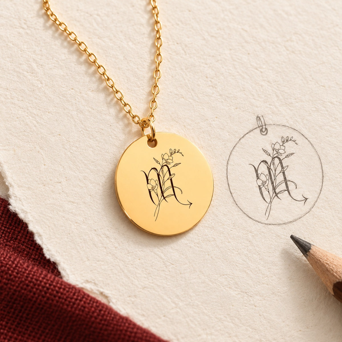 Collier médaille florale signe astrologique Scorpion doré et étude au graphite du bijou sur papier ivoire.