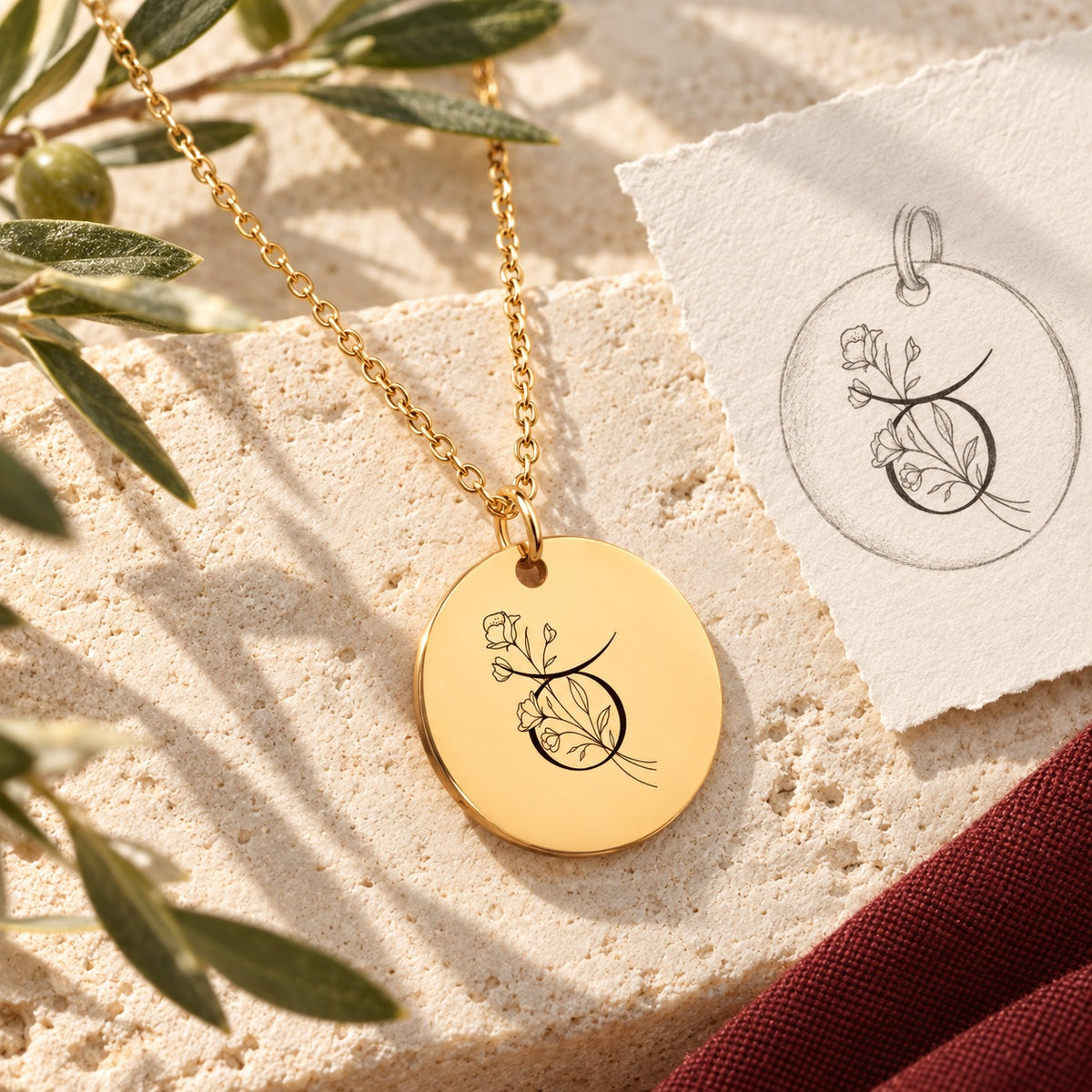 Collier médaille florale signe astrologique Taureau doré sur pierre claire avec dessin de sa médaille ronde.