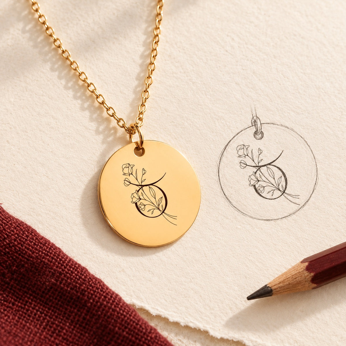 Collier médaille florale signe astrologique Taureau doré et étude au graphite du bijou sur papier ivoire.