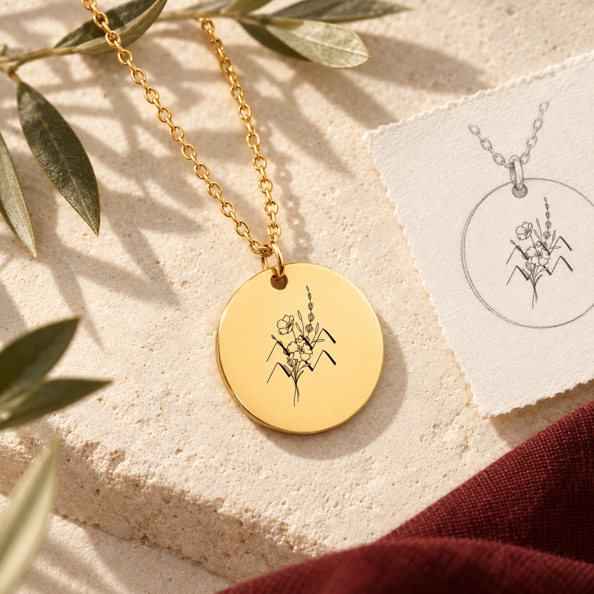 Collier médaille florale signe astrologique Verseau doré sur pierre claire avec dessin de sa médaille ronde.