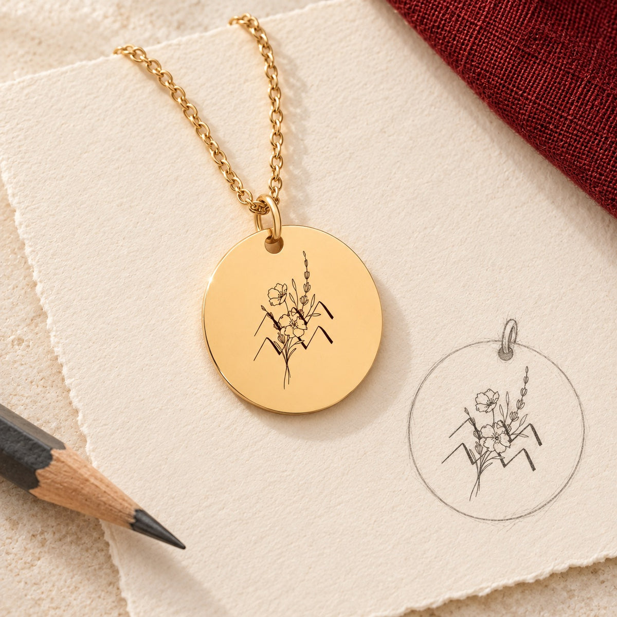 Collier médaille florale signe astrologique Verseau doré et étude au graphite du bijou sur papier ivoire.