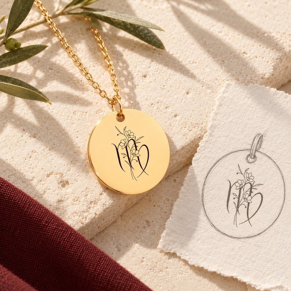 Collier médaille florale signe astrologique Vierge doré sur pierre claire avec dessin de sa médaille ronde.