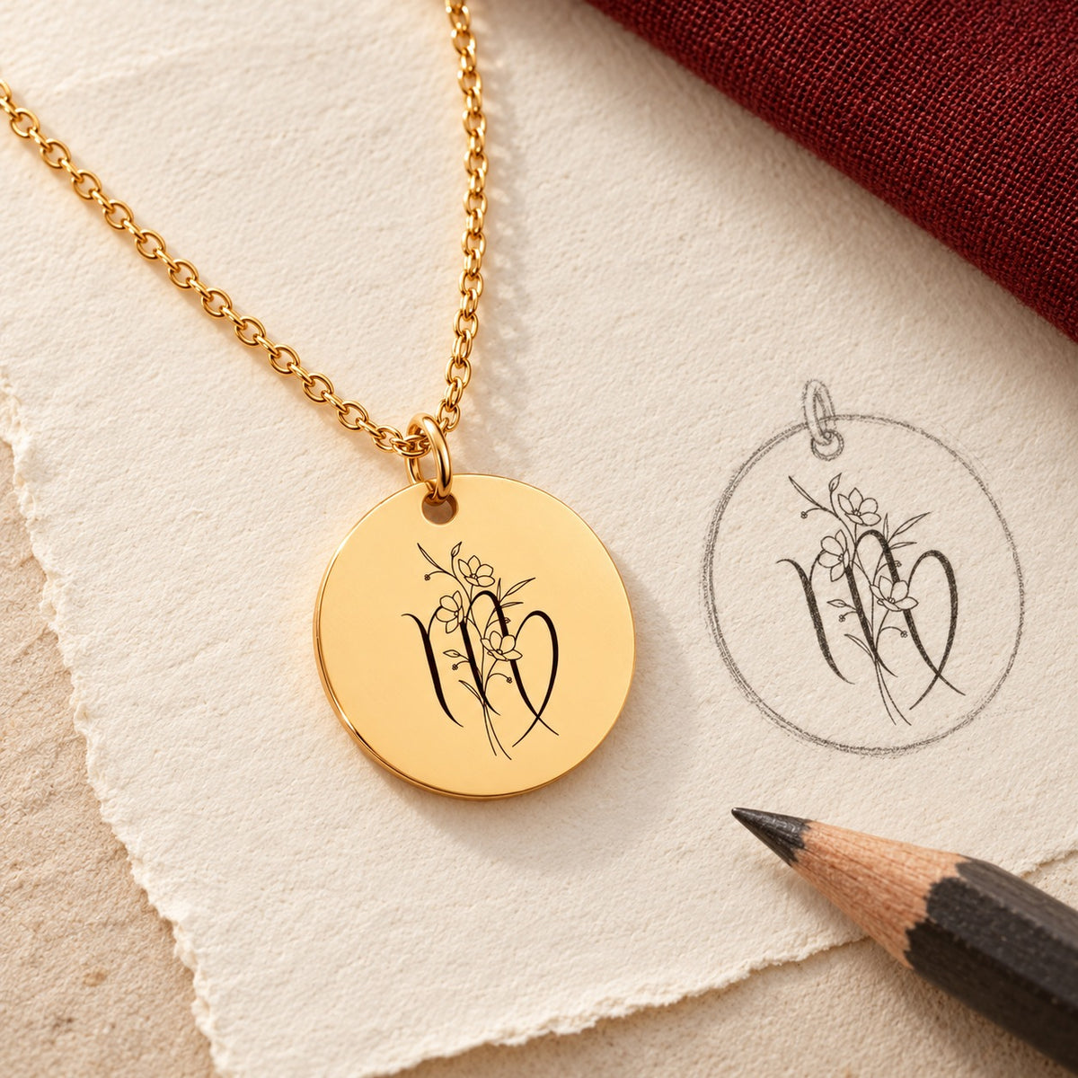 Collier médaille florale signe astrologique Vierge doré et étude au graphite du bijou sur papier ivoire.