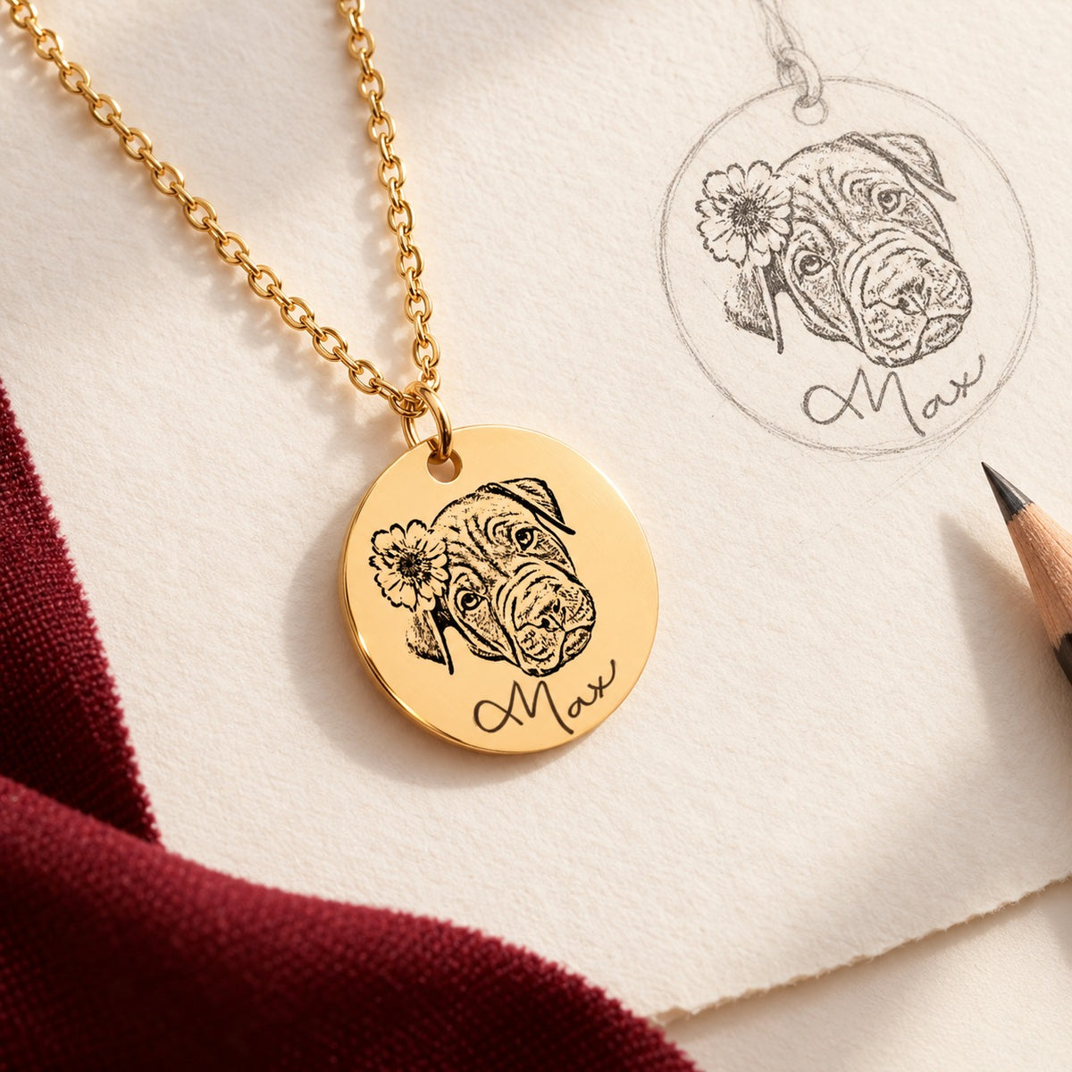 Collier Max doré posé sur papier ivoire, accompagné d’une étude au crayon du portrait de chien fleuri et du prénom manuscrit.