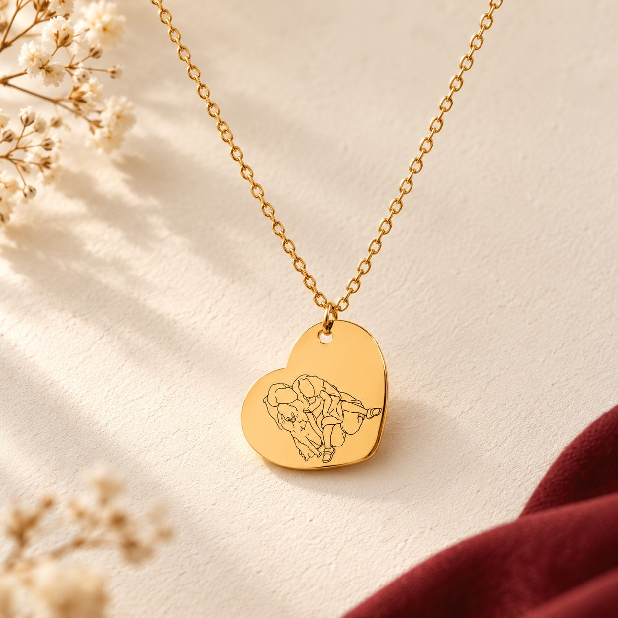 Collier cœur doré avec portrait en line art d’une femme et d’une enfant, sur fond ivoire.