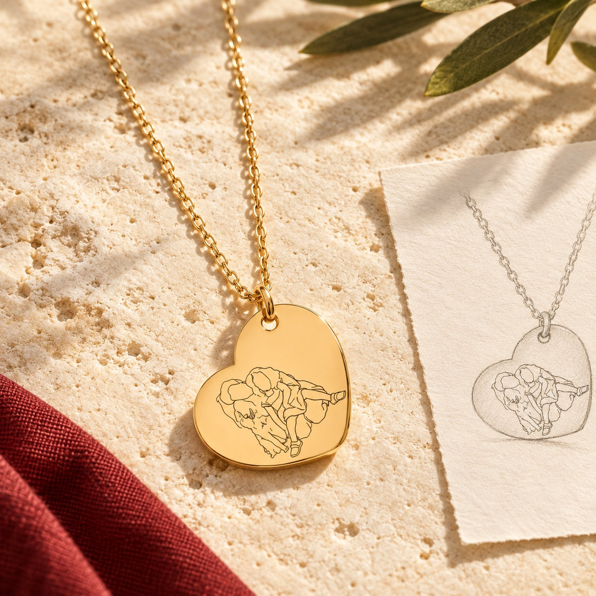 Collier cœur doré sur pierre claire, accompagné du dessin de son pendentif.