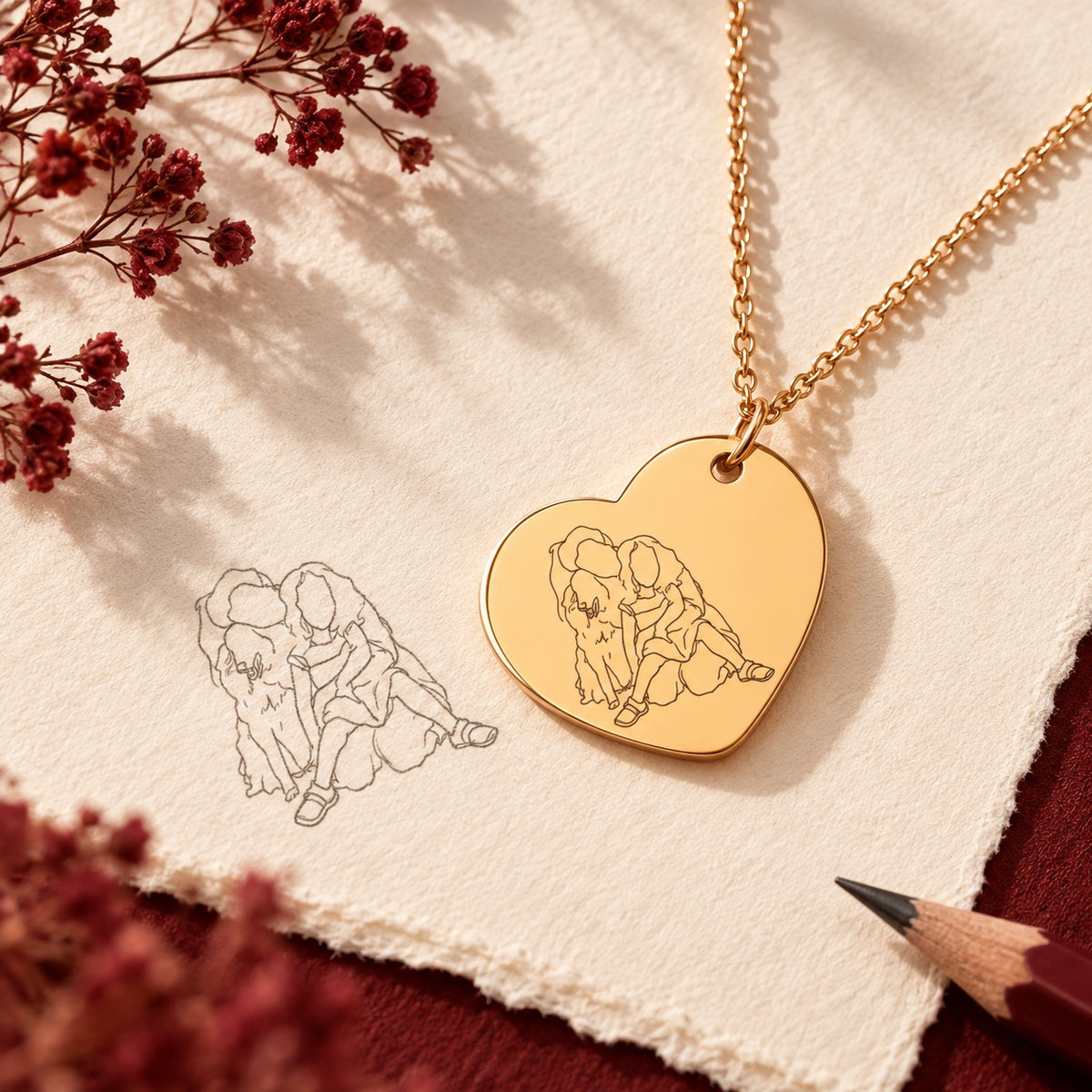 Collier cœur doré et étude au graphite de son portrait sur papier ivoire.