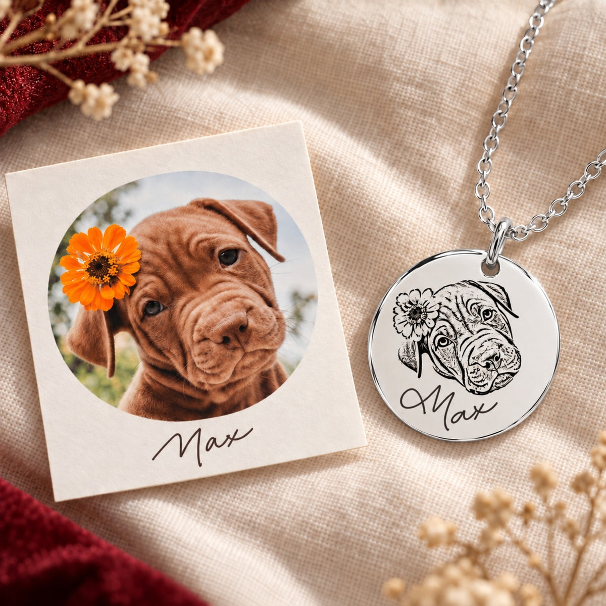 Photo du chiot brun Max avec une fleur orange près de l’oreille, présentée avec le collier argenté gravé de son portrait et de son prénom sur lin ivoire.