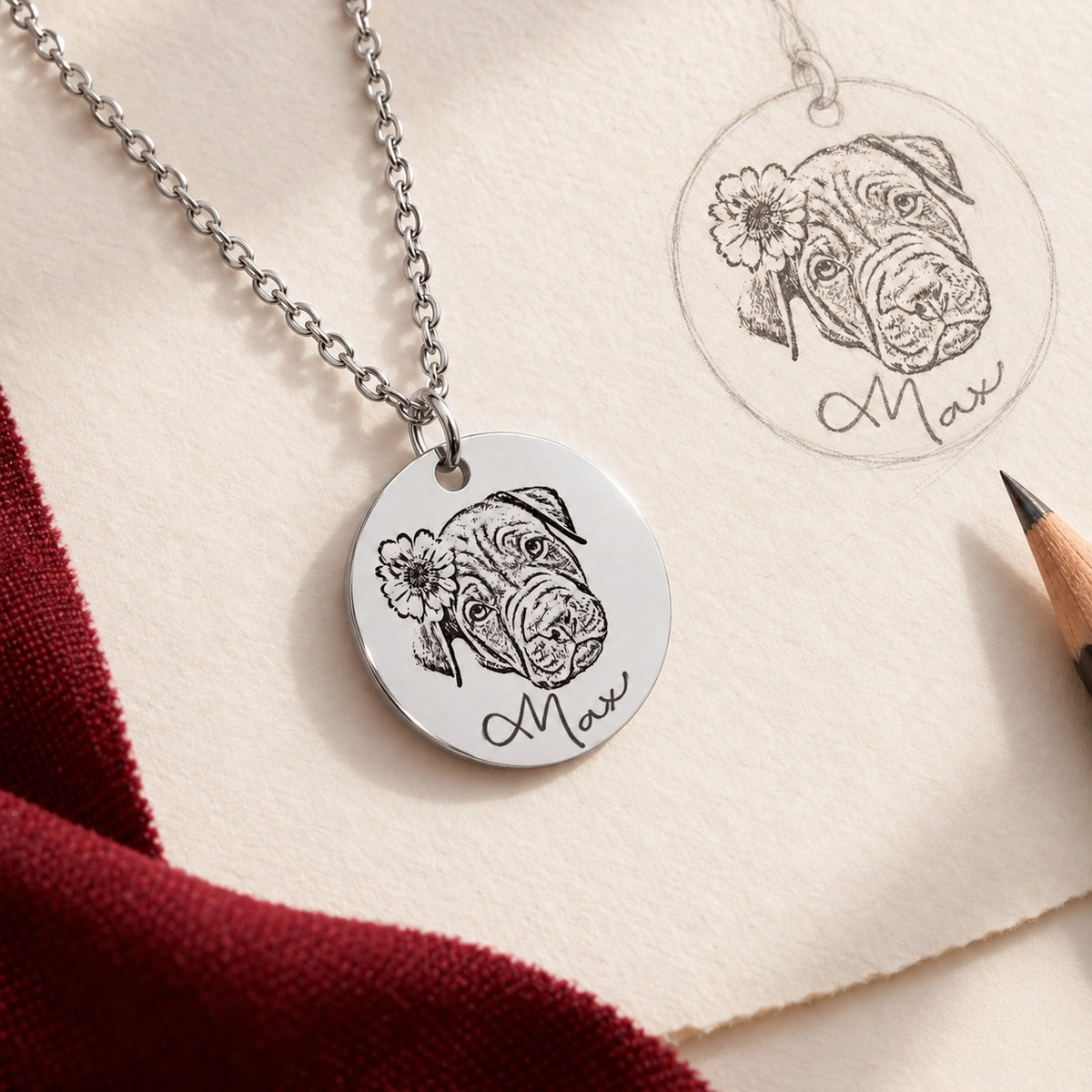Collier Max argenté posé sur papier ivoire, accompagné d’une étude au crayon du portrait de chien fleuri et du prénom manuscrit.