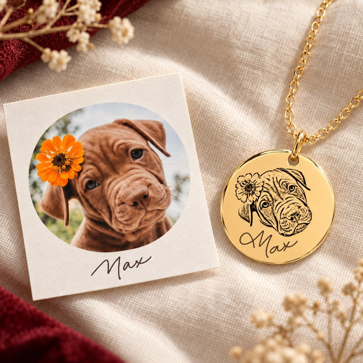 Photo du chiot brun Max avec une fleur orange près de l’oreille, présentée avec le collier doré gravé de son portrait et de son prénom sur lin ivoire.