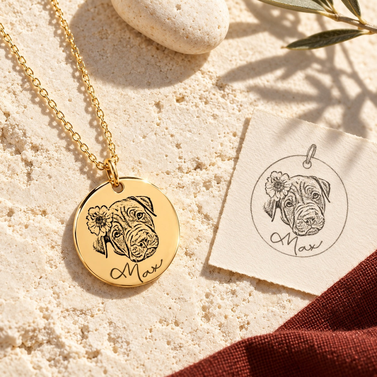 Collier portrait de chien Max doré sur pierre claire au soleil, avec dessin du pendentif, ombres d’olivier et étoffe rouge sanguine.