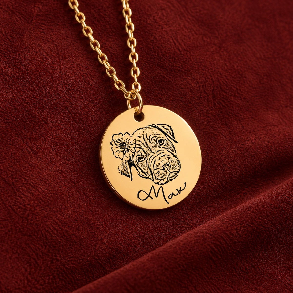 Collier Max doré sur suédine rouge sanguine, détail du portrait de chien avec fleur et du prénom gravés.
