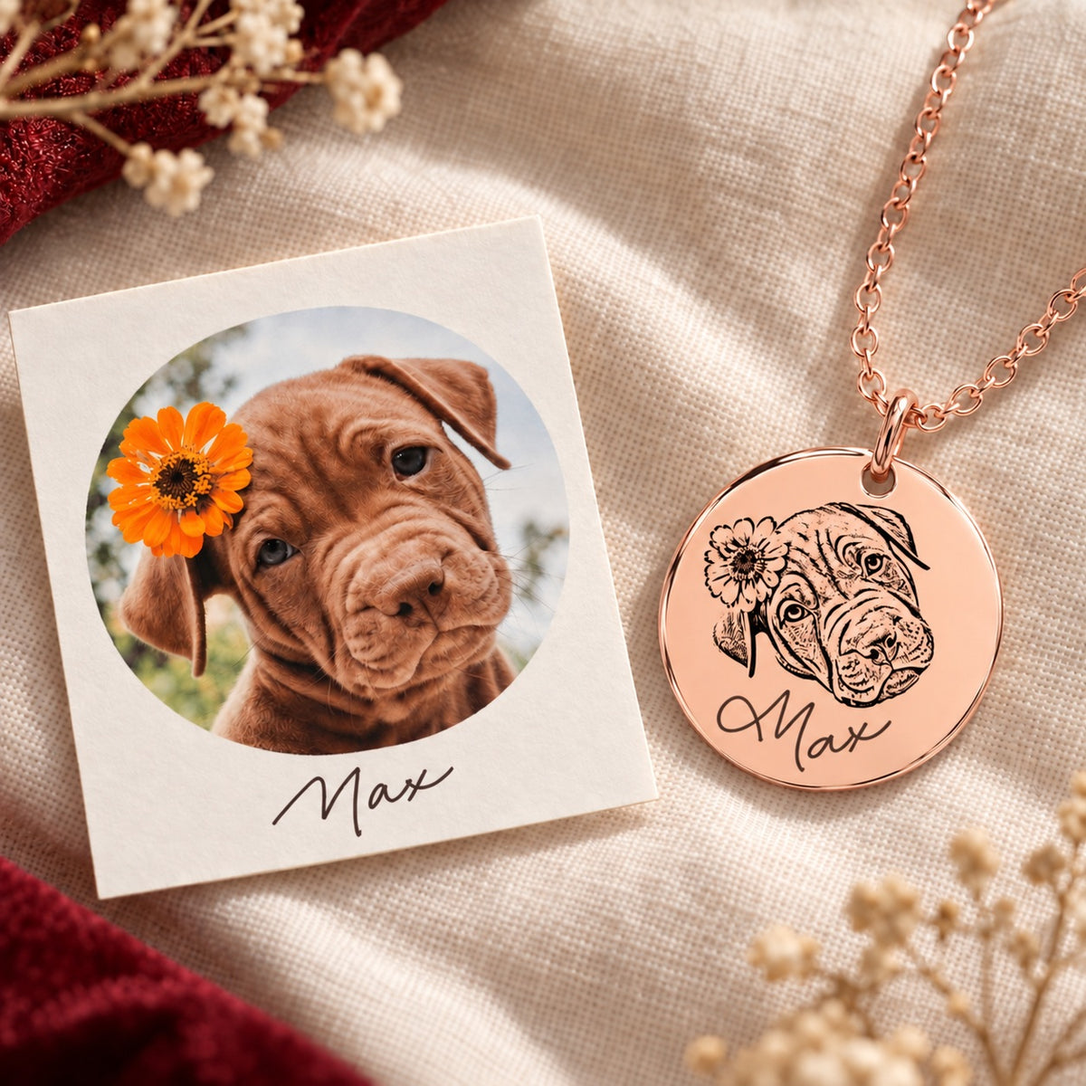 Photo du chiot brun Max avec une fleur orange près de l’oreille, présentée avec le collier en finition or rose gravé de son portrait et de son prénom sur lin ivoire.
