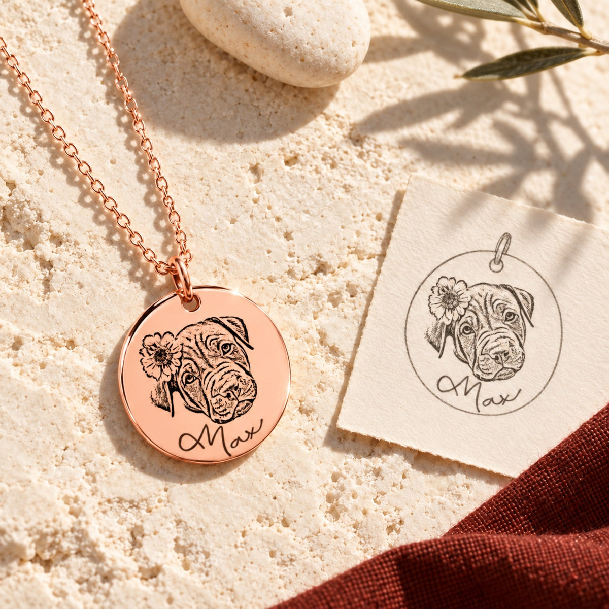 Collier portrait de chien Max en finition or rose sur pierre claire au soleil, avec dessin du pendentif, ombres d’olivier et étoffe rouge sanguine.
