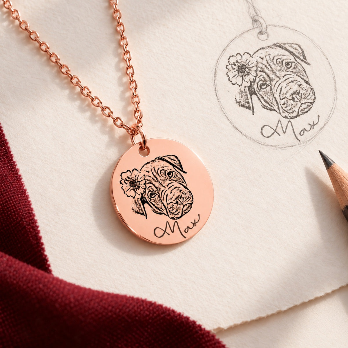 Collier Max en finition or rose posé sur papier ivoire, accompagné d’une étude au crayon du portrait de chien fleuri et du prénom manuscrit.