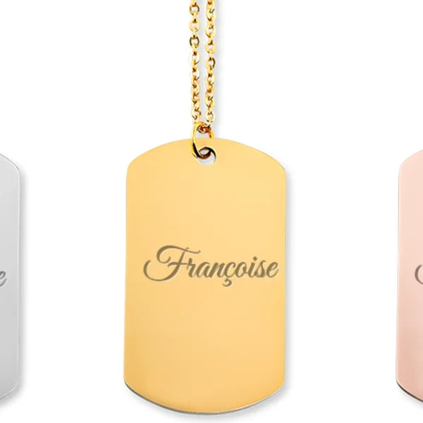 collier prénom Françoise gravé, plaqué or, Atelier Cadée
