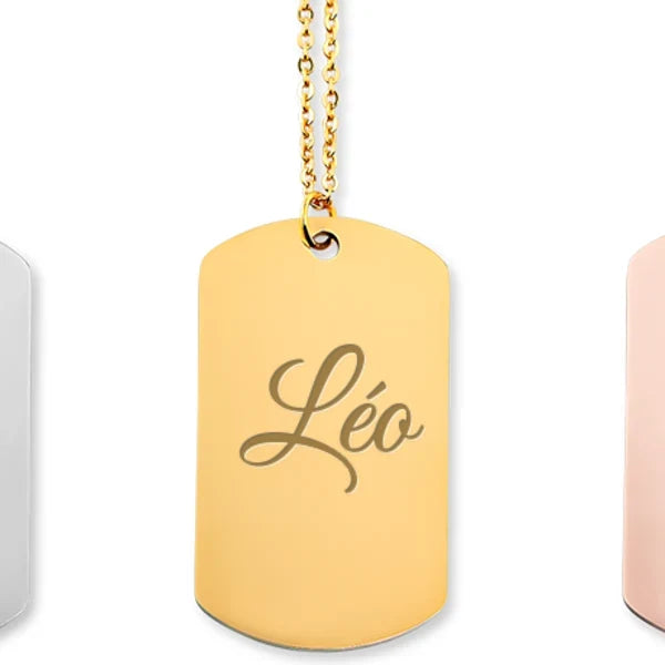 collier prénom Léo gravé, plaqué or, Atelier Cadée