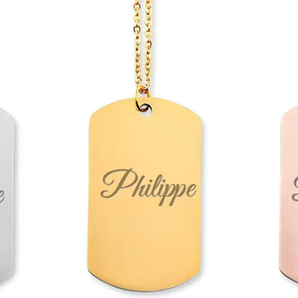 collier prénom Philippe gravé, plaqué or, Atelier Cadée