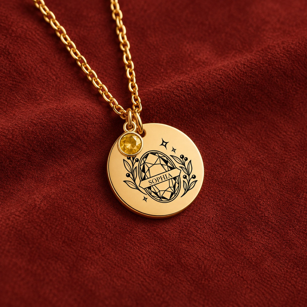 Médaillon doré gravé du motif géométrique avec prénom Sophia et pierre jaune sur suédine rouge sanguine.