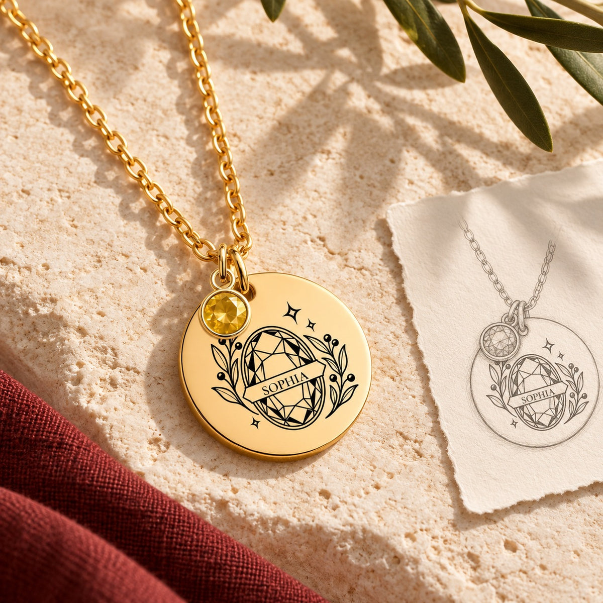 Collier Prénom et Pierre de Naissance doré sur pierre claire, accompagné du dessin du médaillon sur papier ivoire.