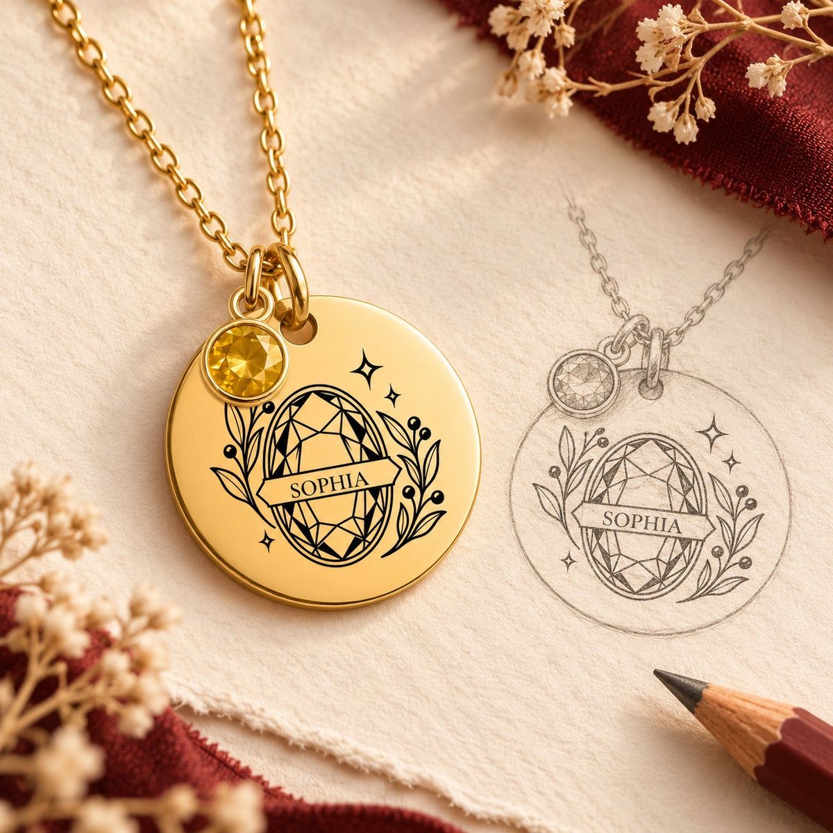 Collier Prénom et Pierre de Naissance doré et étude au graphite du motif géométrique avec prénom Sophia et pierre jaune sur papier ivoire.