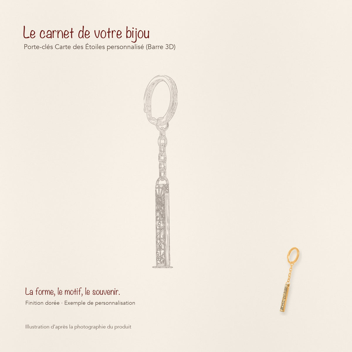 Dessin au trait et photographie du porte-clés Carte des Étoiles Personnalisé (Barre 3D) dans une composition de carnet manuscrit.