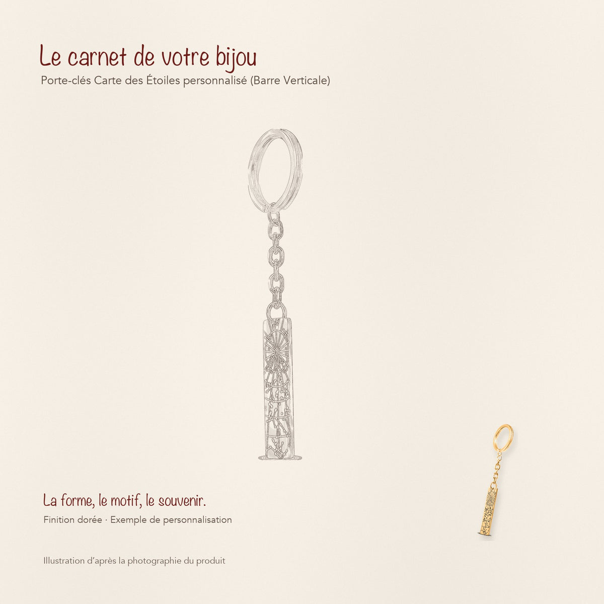 Dessin au trait et photographie du porte-clés Carte des Étoiles Personnalisé (Barre Verticale) dans une composition de carnet manuscrit.