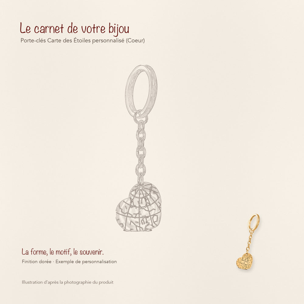 Dessin au trait et photographie du porte-clés Carte des Étoiles Personnalisé (Coeur) dans une composition de carnet manuscrit.