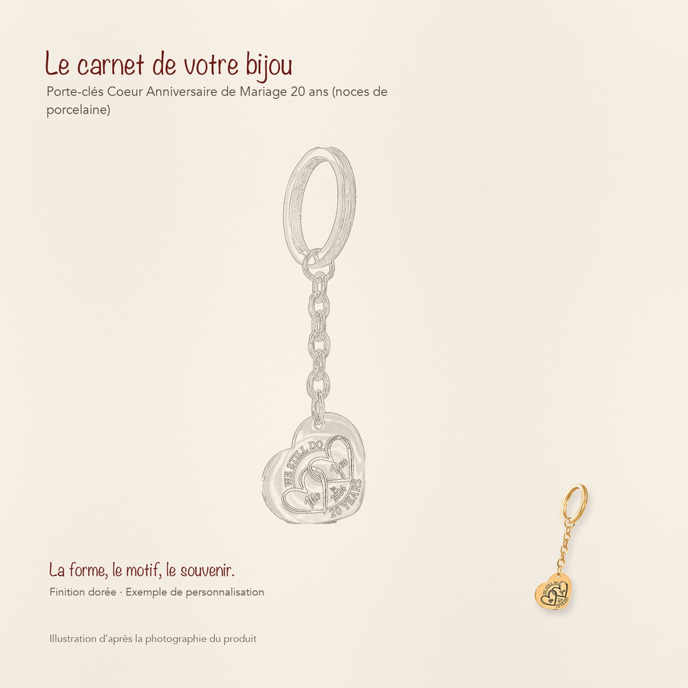 Dessin au trait et photographie du porte-clés Coeur Anniversaire de Mariage 20 ans (noces de porcelaine) dans une composition de carnet manuscrit.