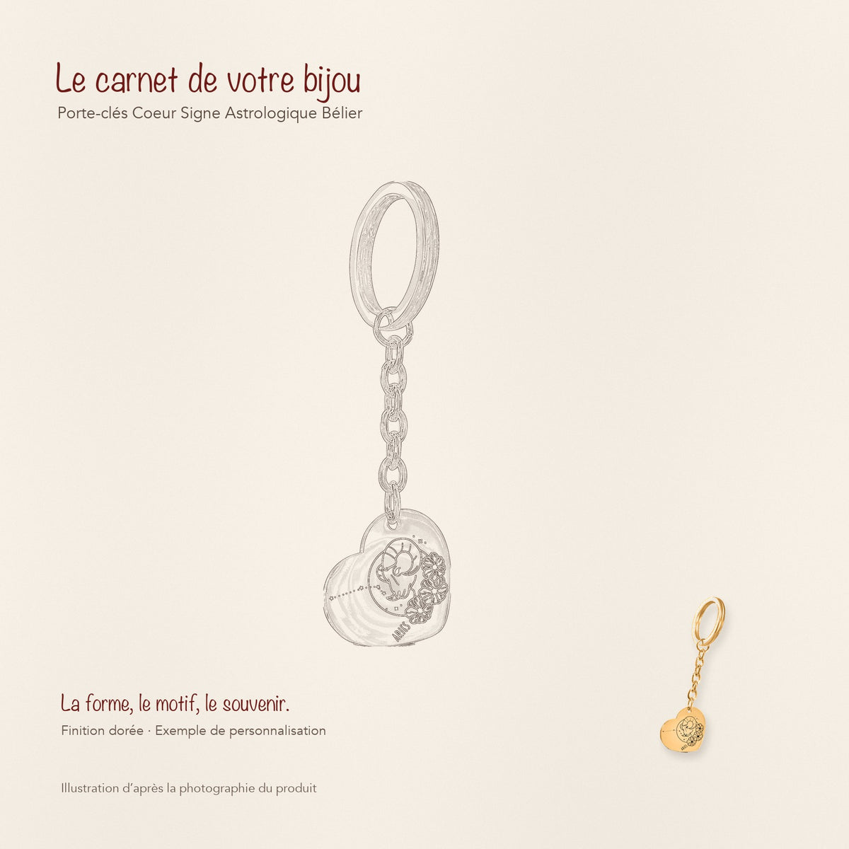 Dessin au trait et photographie du porte-clés Coeur Signe Astrologique Bélier dans une composition de carnet manuscrit.